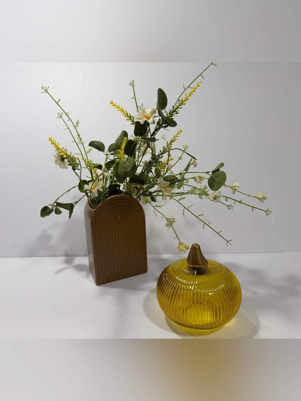 Brown Ceramic Arch Vase with Yellow Glass Decorative Jar - Home Accents